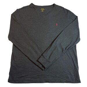 Polo‎ Ralph Lauren Long Sleeve V-Neck T-Shirt Dark Gray Pink Pony Logo Size L